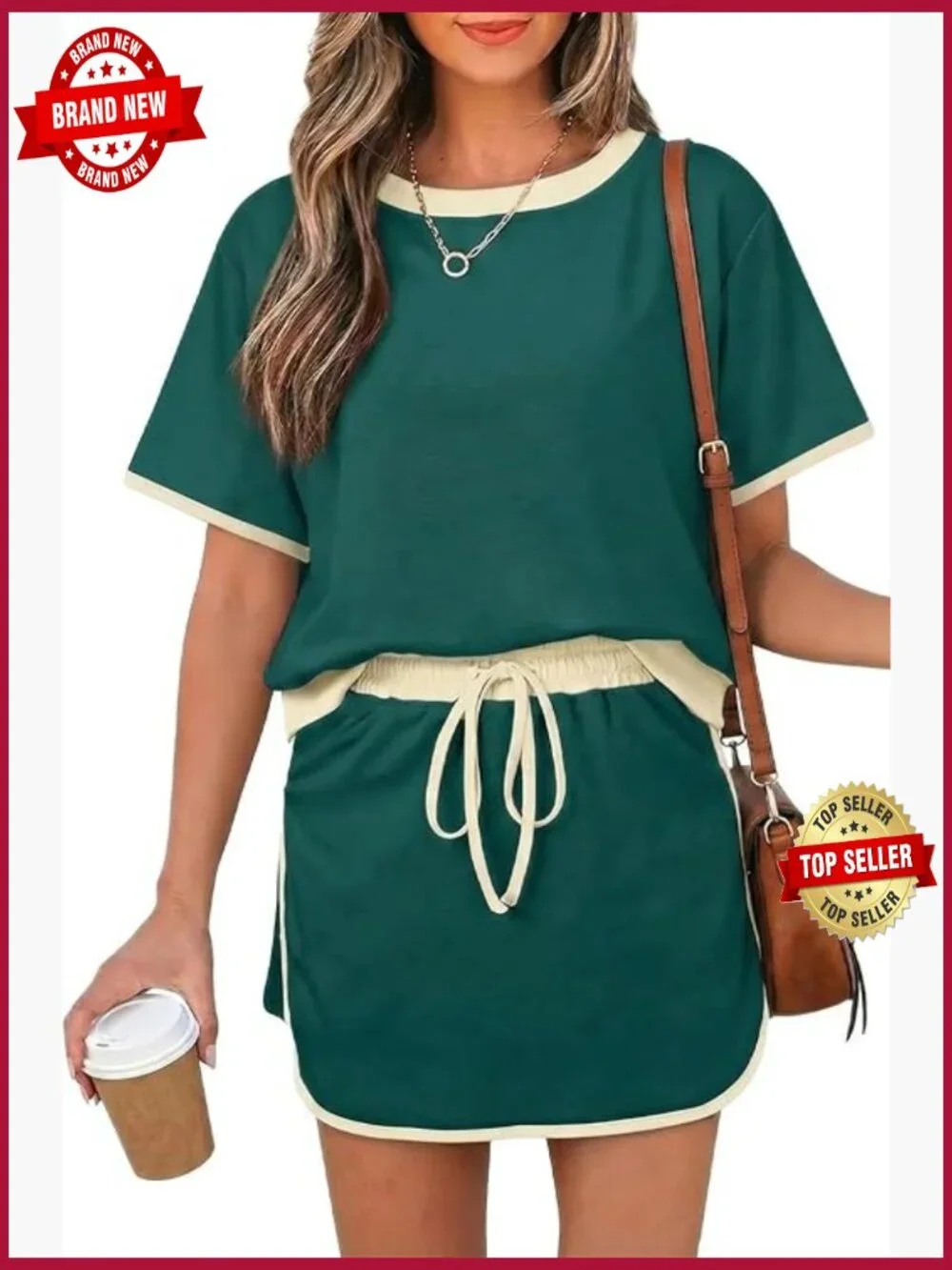 Colorblock Short Sleeve Top Drawstring Skort Set Matching Lounge Outfit